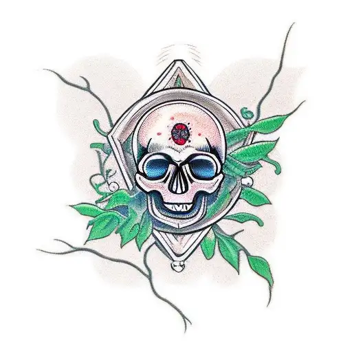 skull with hourglass between its teeth and a tree of life rooting from the above of the skull tattoo design idea