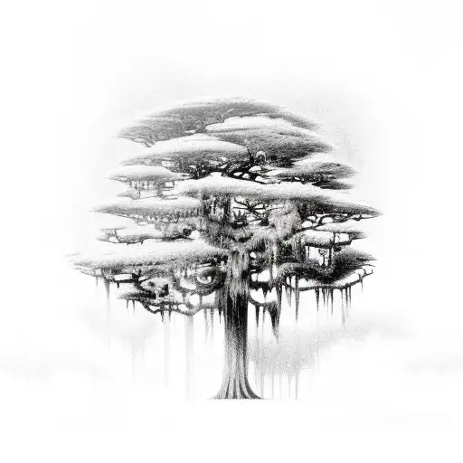 A surreal sketch of a cypress tree growing out of a New Orleans jazz trumpet tattoo design idea