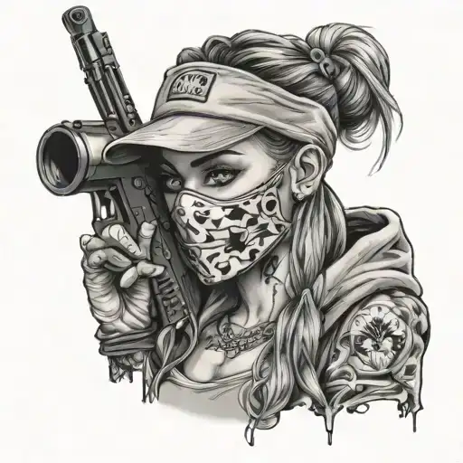 ski mask gangster girl holding tattoo design idea
