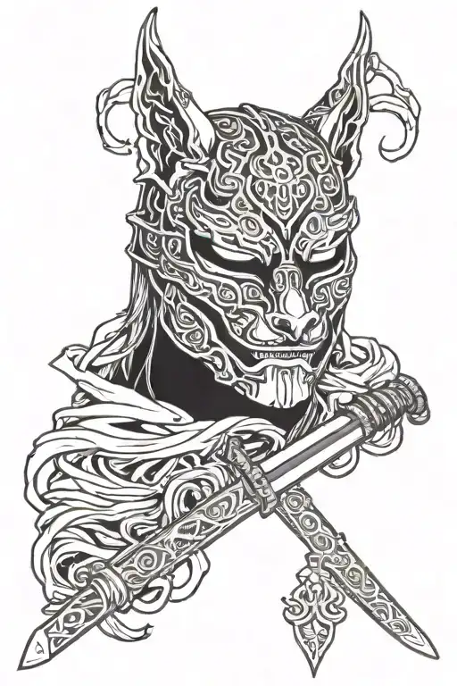 Katana, wolf, demon mask tattoo design idea