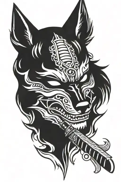 Katana, wolf, demon mask tattoo design idea