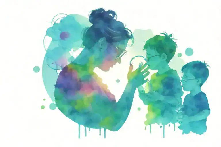 sillouette of chubby woman with glasses and messy bun with nephews playing with bubbles in a watercolor style   tattoo design idea
