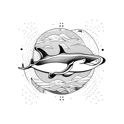 orca surfer through wave below a thin moon tattoo design idea