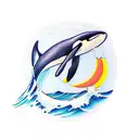 orca surfer through wave below a thin moon tattoo design idea
