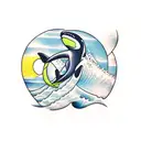 orca surfer through wave below a thin moon tattoo design idea