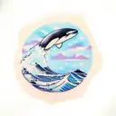 orca surfer through wave below a thin moon tattoo design idea