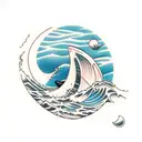 orca surfer through wave below a thin moon tattoo design idea