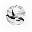 orca surfer through wave below a thin moon tattoo design idea