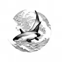 orca surfer through wave below a thin moon tattoo design idea