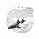 orca surfer through wave below a thin moon tattoo design idea