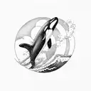 orca surfer through wave below a thin moon tattoo design idea