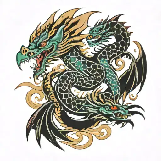 Quetzalcoatl and black dragon tattoo design idea