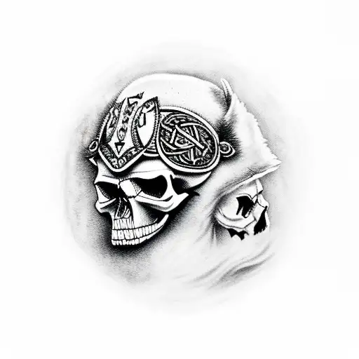 A skull adorned with Viking symbols and surrounded by wolves and ravens tattoo design idea
