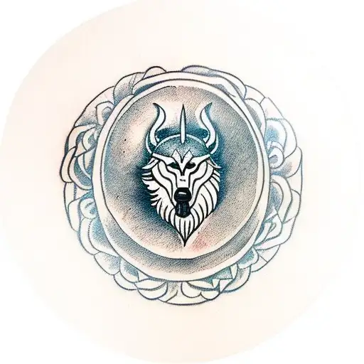 A Viking shield with intricate wolf and raven designs, surrounded by roses tattoo design idea