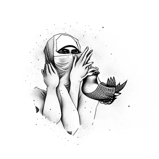 four doves with a hijabi woman with 4 tears and a mna covering his face with his hand tattoo design idea