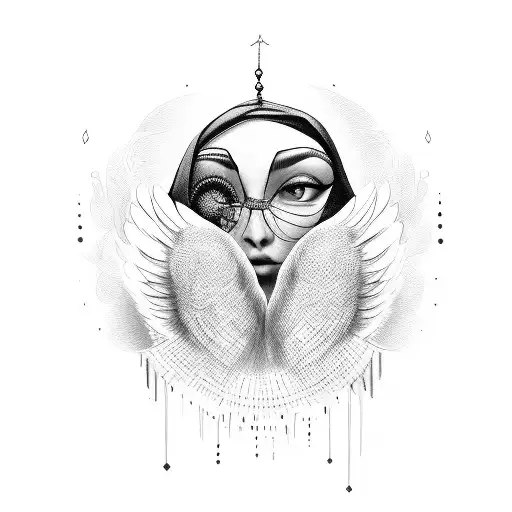 four doves with a hijabi woman with 4 tears and a mna covering his face with his hand tattoo design idea