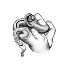 Hand with snake and a phrase saying Trust No One tattoo design idea