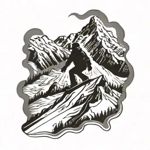 A snow-capped mountain peak with a snowboarder silhouette at the summit tattoo design idea