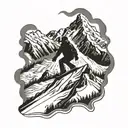 A snow-capped mountain peak with a snowboarder silhouette at the summit tattoo design idea