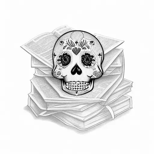 sugar skull on a stack of books with cherry blossoms tattoo design idea