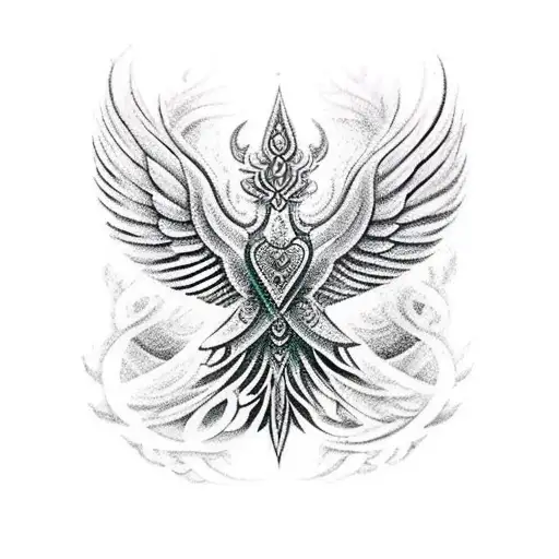 A mystical Garuda with Sanskrit mantras intertwined in its feathers tattoo design idea