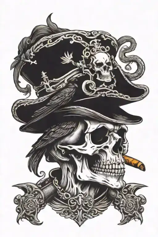 crow skull wearing a hat & smoking a cigar; pirate elements tattoo design idea