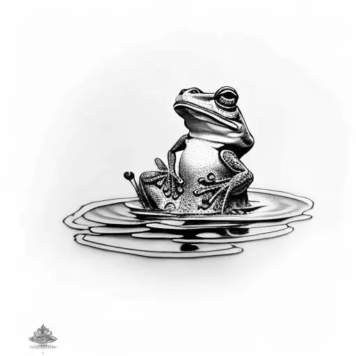 realism blackwork tattoo of a frog perched on a Lilly pad in a pond flipping middle finger tattoo design idea