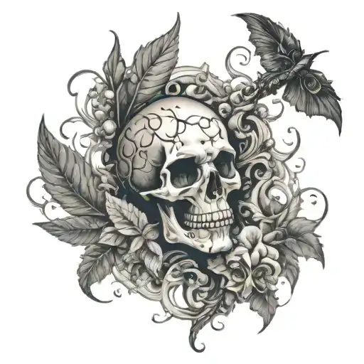 An abstract design incorporating elements of horror and renaissance art, with a subtle nod to smoking weed tattoo design idea