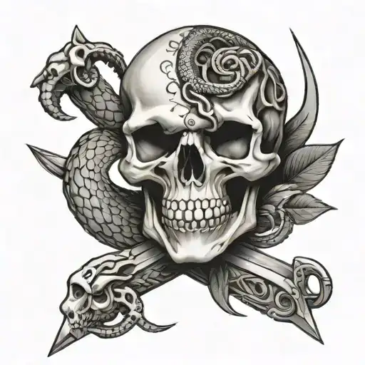 skull sword snake tattoo design idea