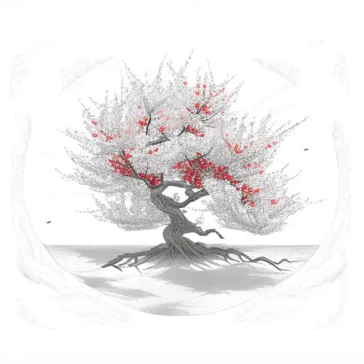 black cherry blossom tree with red blossoms. tattoo design idea