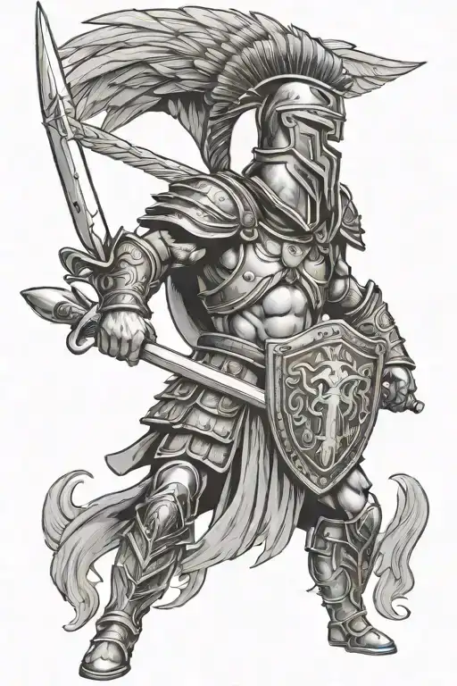 Spartan warrior wearing a helmet with shield and sword and must have the coat of arms of Sparta tattoo design idea