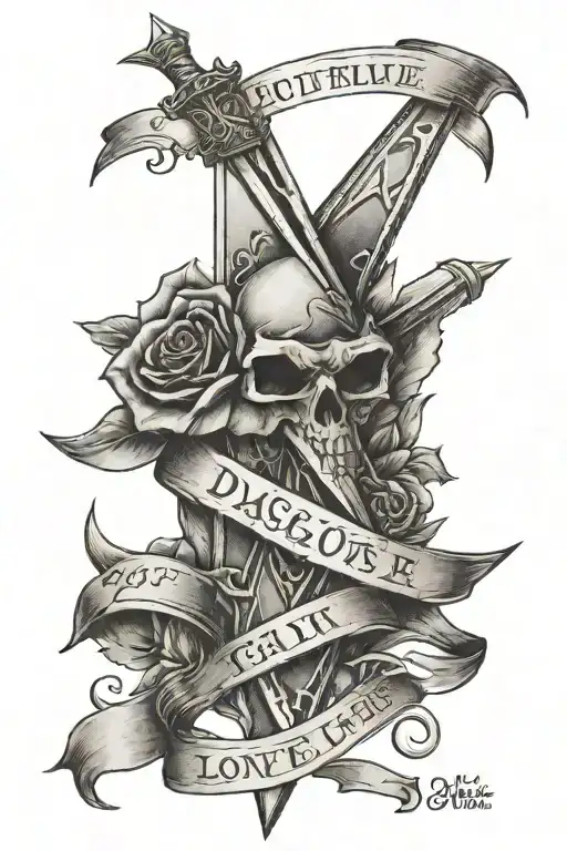 A tattoo of two crossed daggers with a banner that reads 'fight for love', reflecting the client's fascination with medieval themes and passion for love tattoo design idea