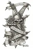 A tattoo of two crossed daggers with a banner that reads 'fight for love', reflecting the client's fascination with medieval themes and passion for love tattoo design idea