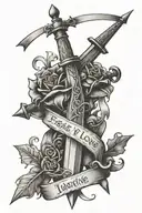 A tattoo of two crossed daggers with a banner that reads 'fight for love', reflecting the client's fascination with medieval themes and passion for love tattoo design idea