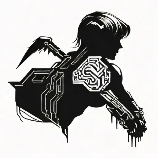 A cybernetic Valkyrie warrior with a computer motherboard shield tattoo design idea