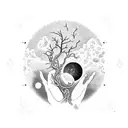 as above so below hands with moon and grapevine imagery tattoo design idea