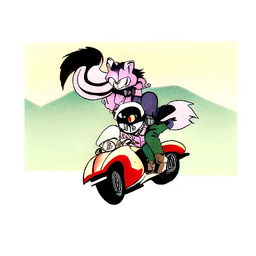 an opossum and a racoon riding on two separate motorcycles through the mountains in an 80's noir style tattoo design idea