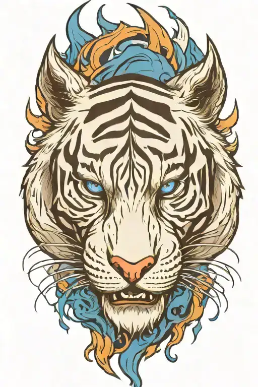 white tiger head angry with blue flames  tattoo design idea