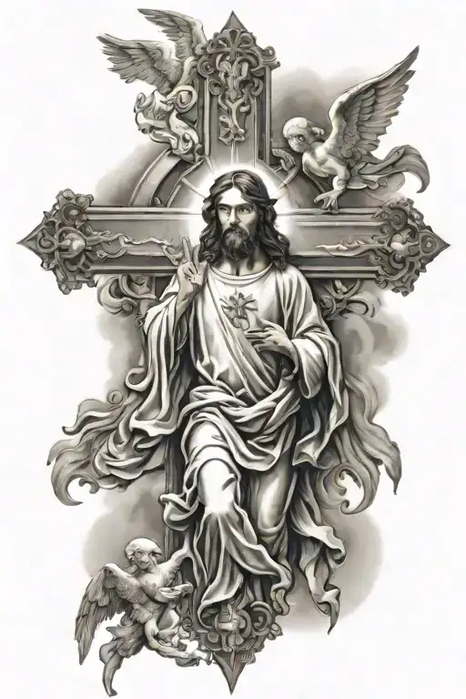 jesus cross with angels  tattoo design idea