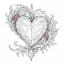 Crystal Deep Red Heart, The word "RUBY' in gold underneath, intricate silver thorns twisting around tattoo design idea