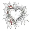 Crystal Deep Red Heart, The word "RUBY' in gold underneath, intricate silver thorns twisting around tattoo design idea