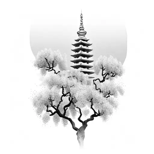 pagoda, bougainvillea,  tattoo design idea