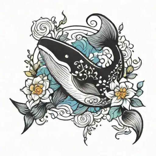 Penny whale flowers tattoo design idea