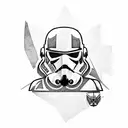 Create a 2D blackwork style tattoo design featuring a Star Wars Clone Jet Trooper. The Trooper should be dynamically dep tattoo design idea