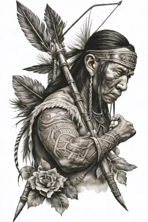 american native with bow and arrow tattoo design idea