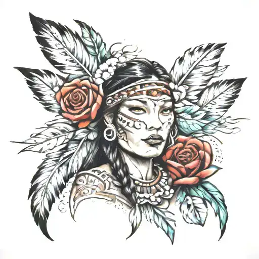 American indian woman with rose tattoo design idea