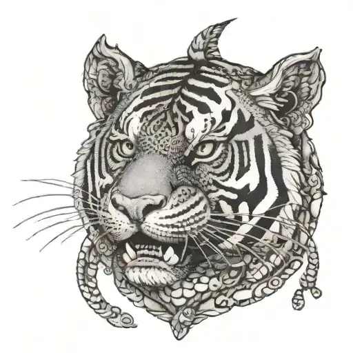 tiger snake pig totem in stone tattoo design idea