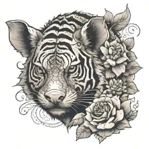a pig with a tiger and a snake with flowers tattoo design idea