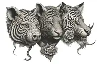 A pig with a snake and a tiger with flowers tattoo design idea