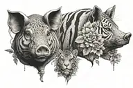 A pig with a snake and a tiger with flowers tattoo design idea